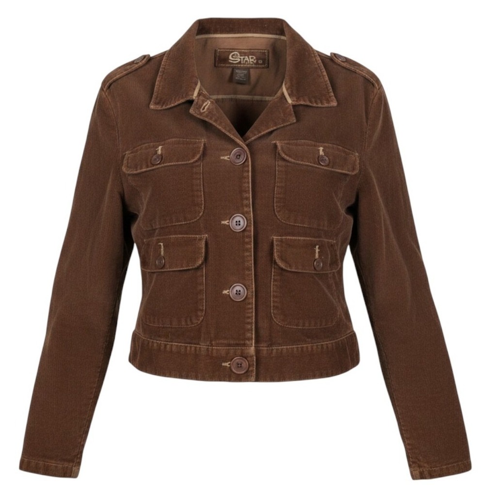 Star Jeans Brown Corduroy Utility Jacket Cropped Military Pockets XL